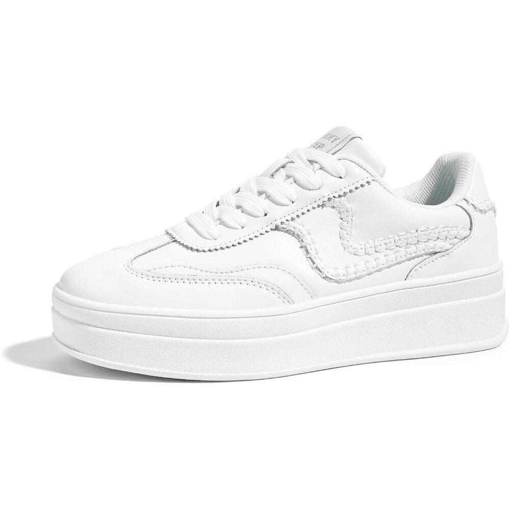 Women Platform White Sneaker Thick Sole Suede Leather Low Top Walking Shoes